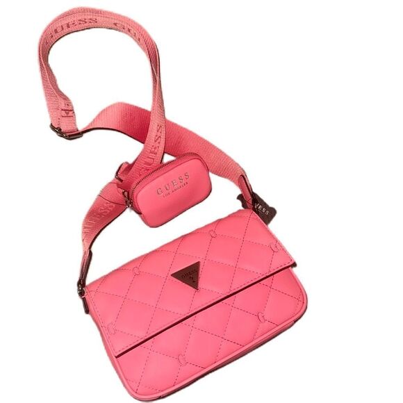 GUESS Colton Crossbody Pink Faux Leather Quilted Flap Shoulder Bag & Mini Pouch - Picture 1 of 16